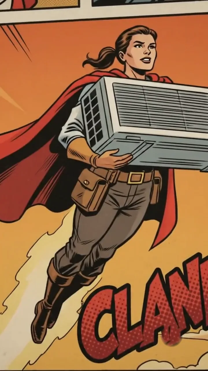Comic panel of a caped hero flying in with an AC unit