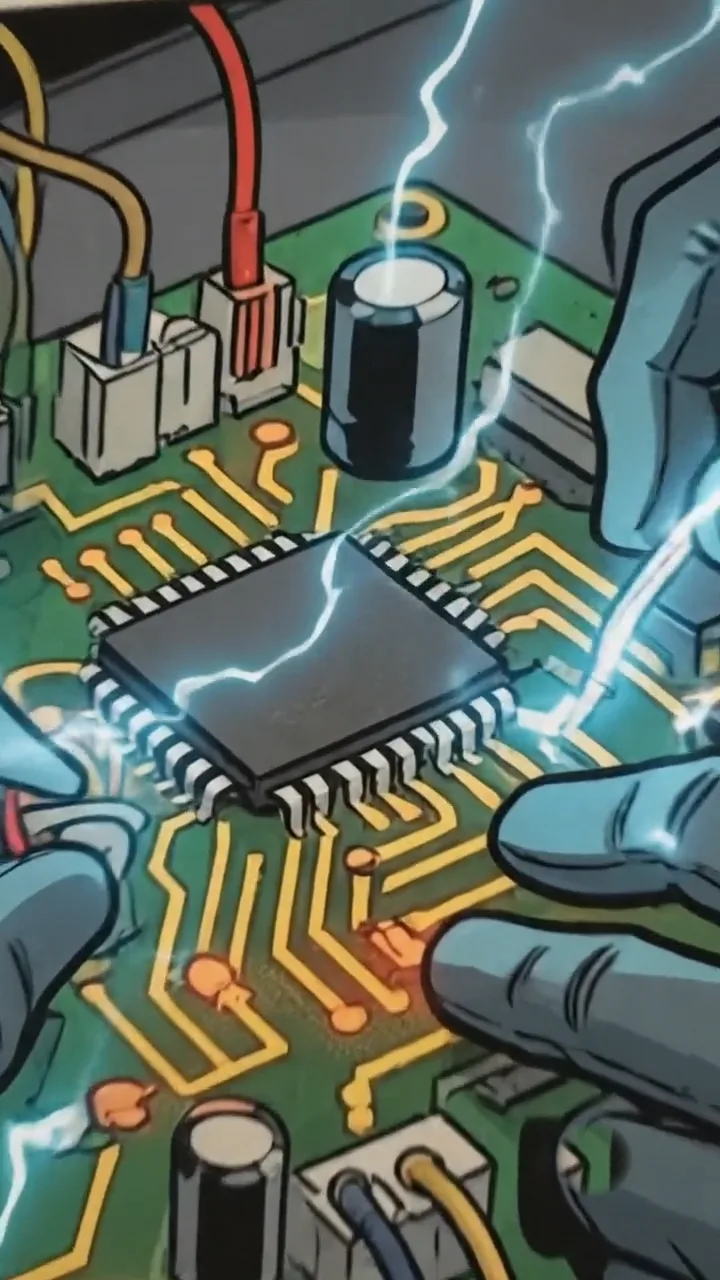 Comic panel of hands repairing a circuit board with sparks