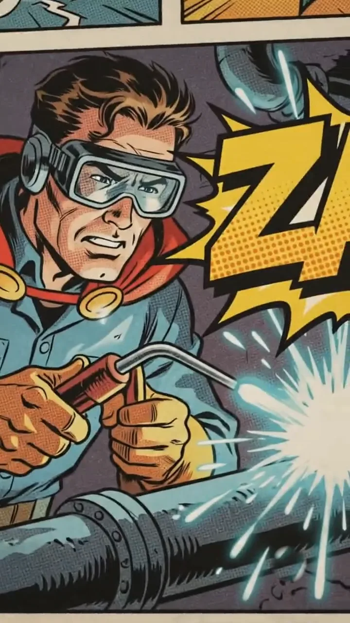 Comic panel of a caped hero welding a pipe